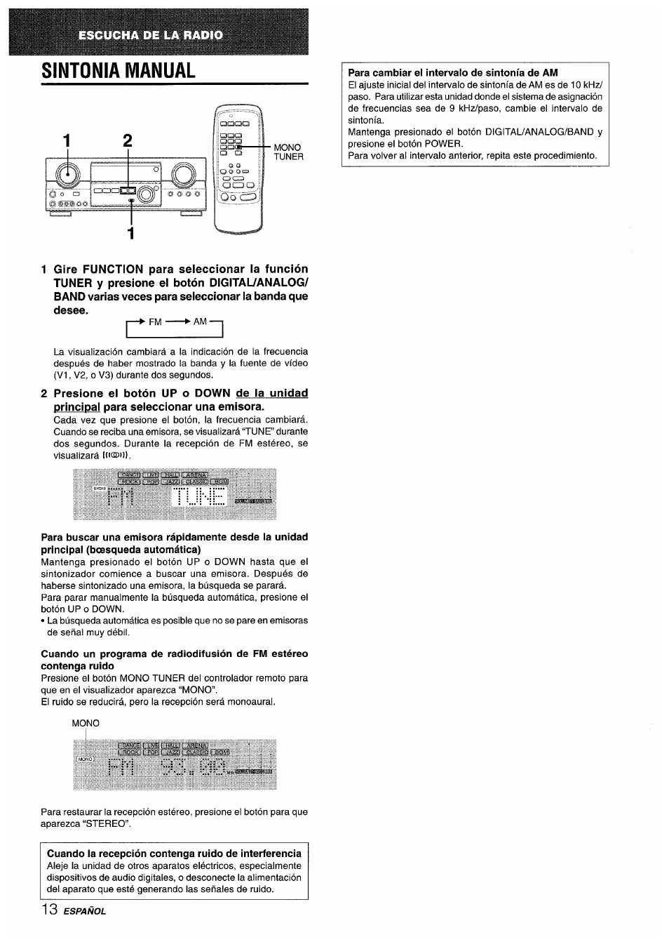Sintonia manual, Para cambiar el intervalo de sintonía de am | Sony AV-DV75 User Manual | Page 36 / 72