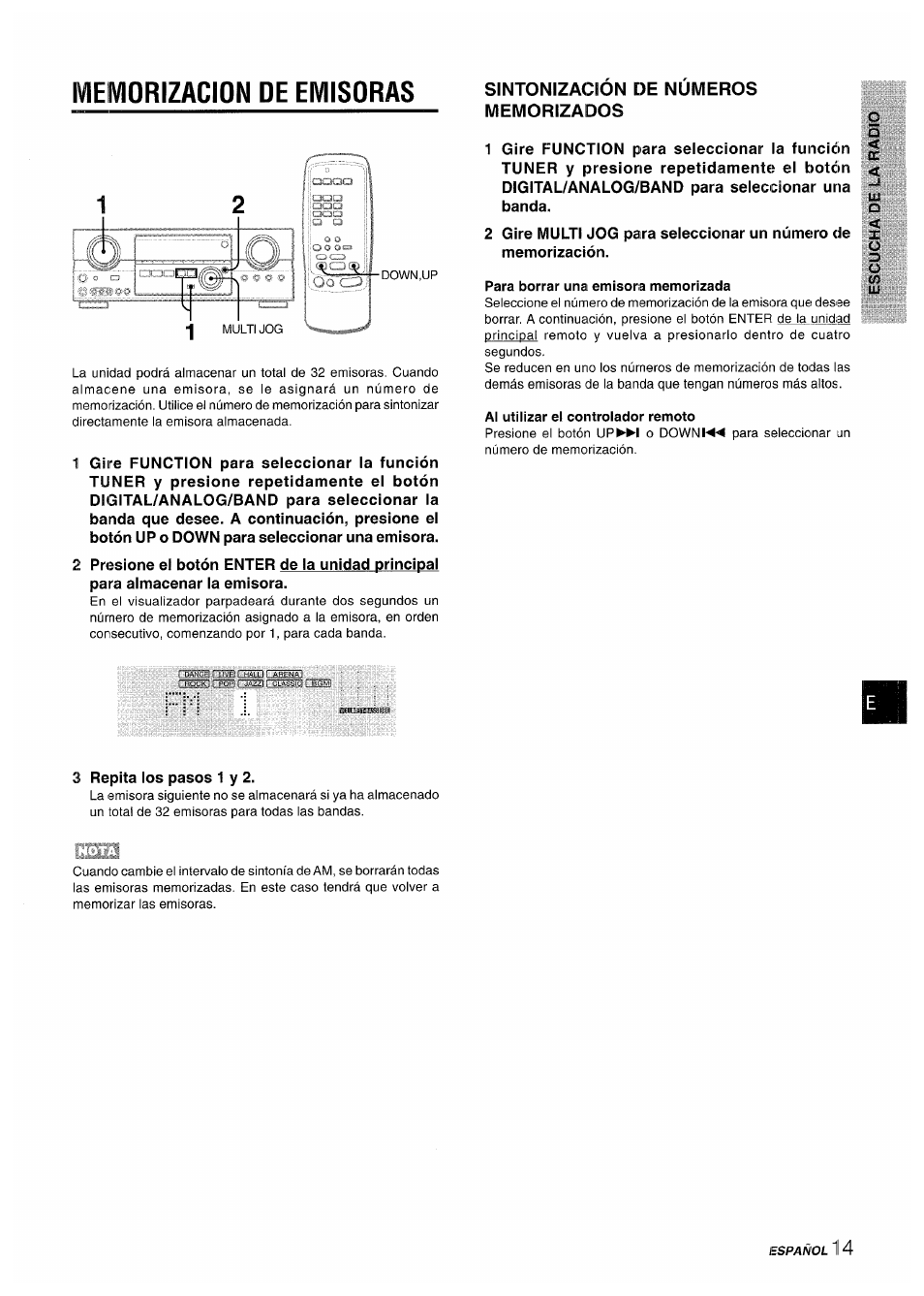 Memorizacion de emisoras, Sintonizacion de numeros memorizados, Para borrar una emisora memorizada | Al utilizar el controlador remoto | Sony AV-DV75 User Manual | Page 37 / 72