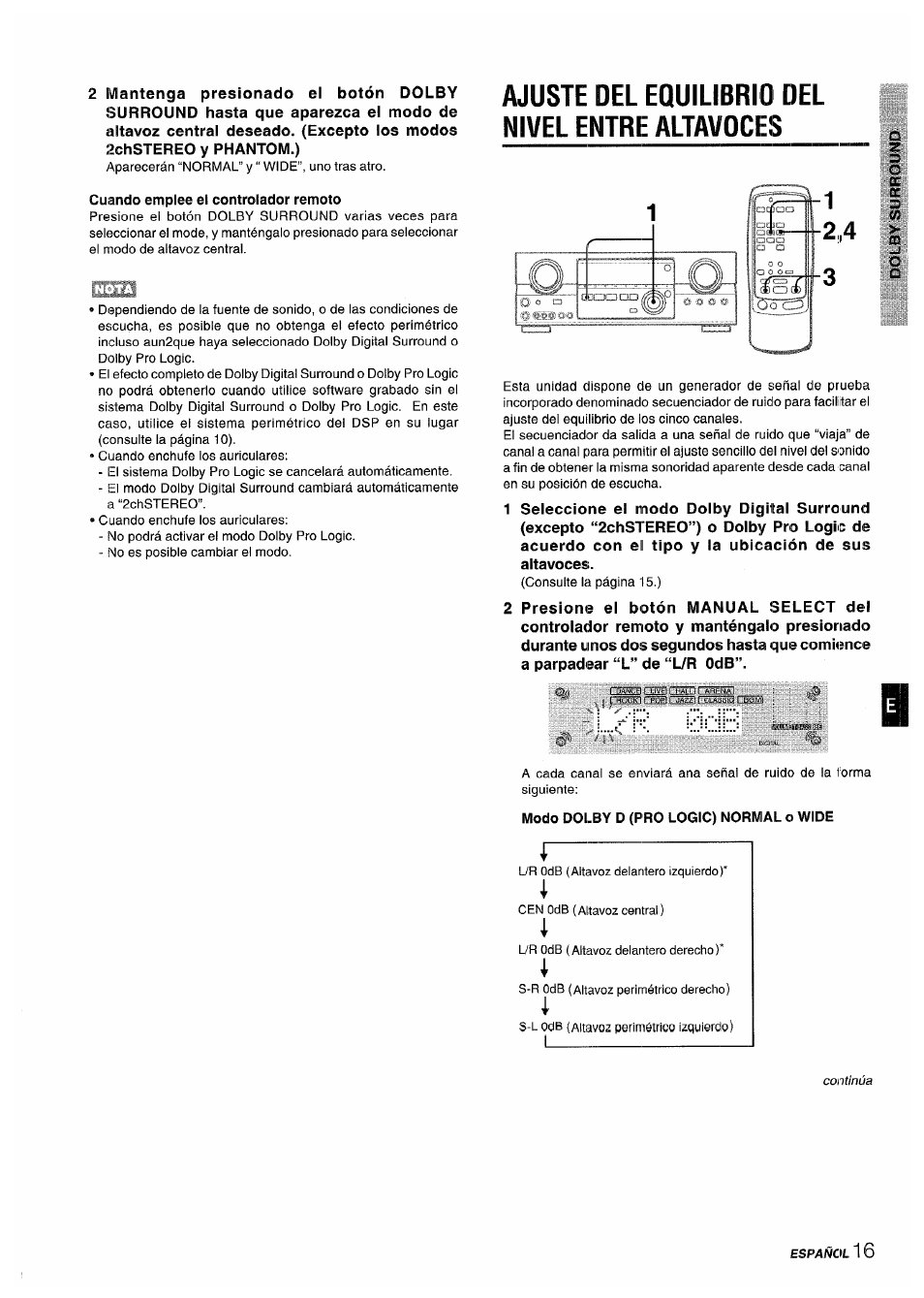 Cuando emplee el controlador remoto, Ajuste del equilibrio del nivel entre altavoces, Modo dolby d (pro logic) normal o wide | Sony AV-DV75 User Manual | Page 39 / 72