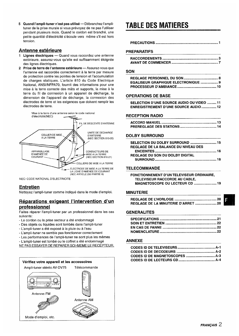 Antenne extérieure, Table des matieres, Entretien | Sony AV-DV75 User Manual | Page 47 / 72