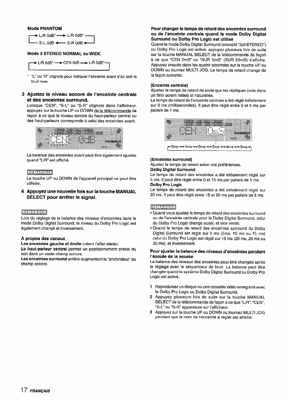 Mode phantom, Mode 3 stereo normal ou wide, Enceinte centrale | Enceintes surround, A propos des canaux | Sony AV-DV75 User Manual | Page 62 / 72