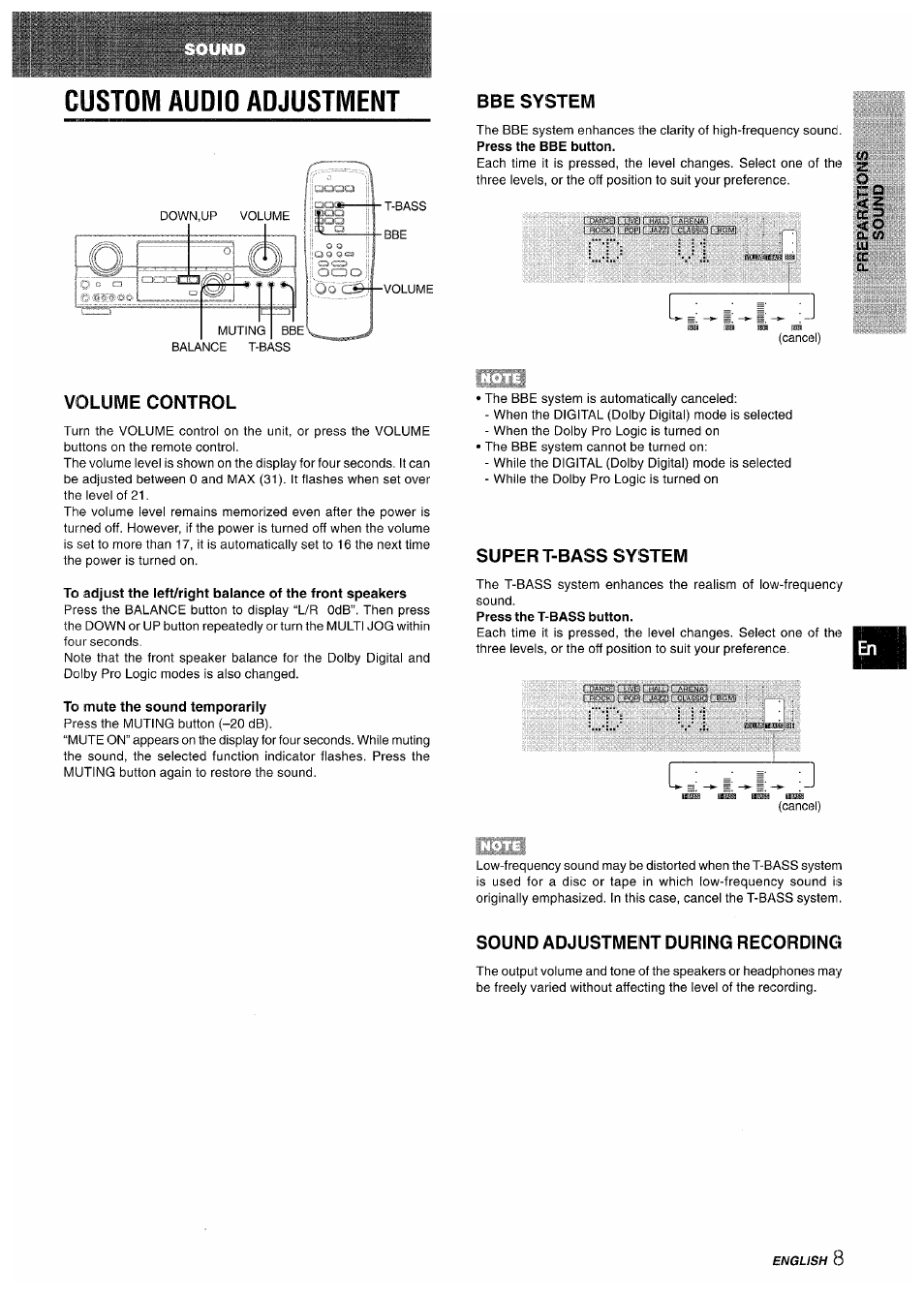 Custom audio adjustment, Bbe system, Volume control | To mute the sound temporarily, Super t-bass system, Press the t-bass button, Sound adjustment during recording | Sony AV-DV75 User Manual | Page 9 / 72