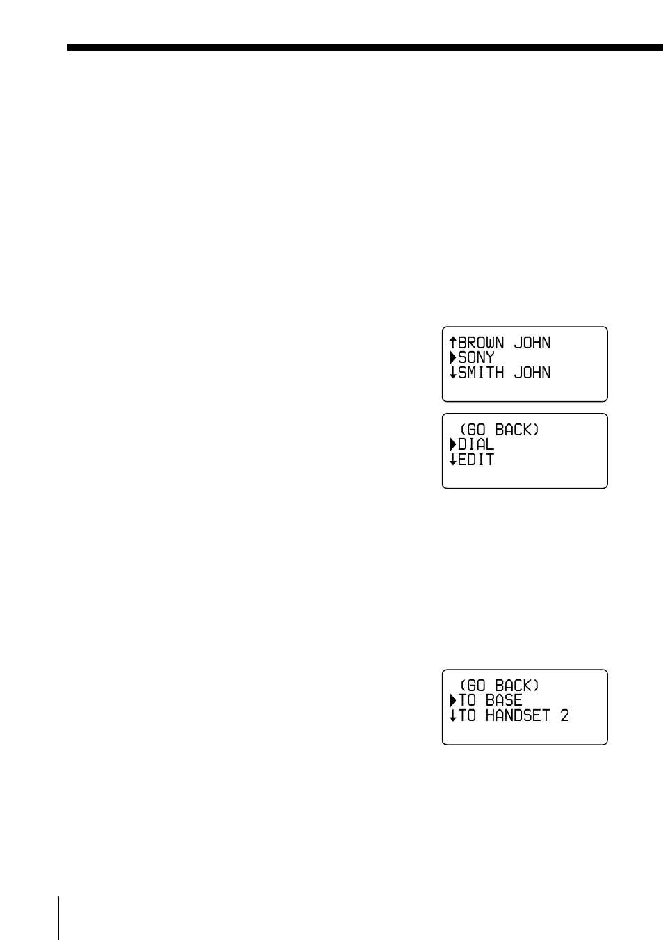 Transferring the phone directory memory, Brown john sony smith john, Go back) dial edit | Go back) to base to handset 2 | Sony PP-A2780 User Manual | Page 50 / 100