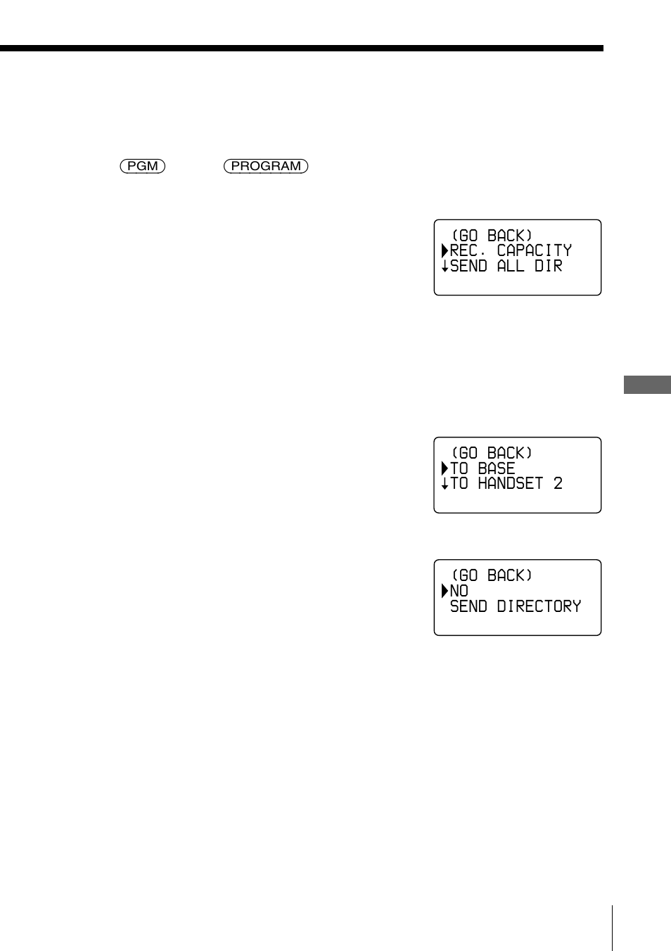 Go back) rec. capacity send all dir, Go back) no send directory, Go back) to base to handset 2 | Sony PP-A2780 User Manual | Page 51 / 100