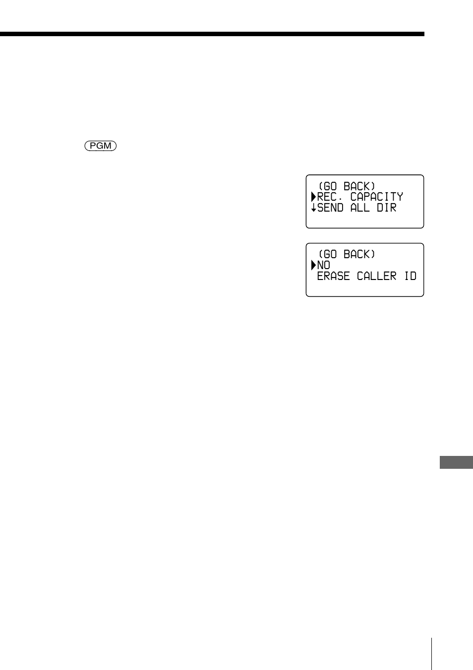 Go back) rec. capacity send all dir, Go back) no erase caller id | Sony PP-A2780 User Manual | Page 79 / 100
