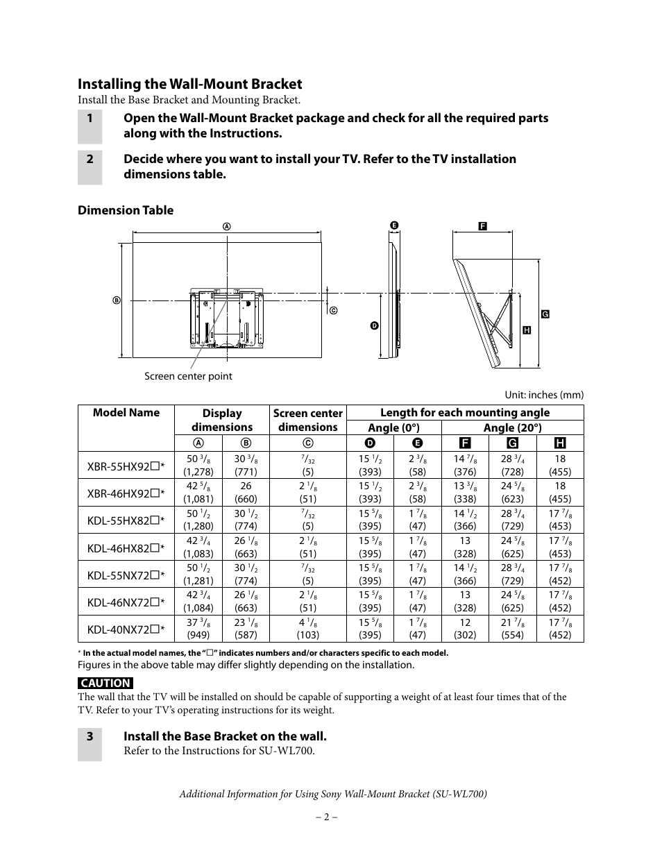 Installing the wall-mount bracket, 3install the base bracket on the wall | Sony MINILUME LA5300 User Manual | Page 2 / 5