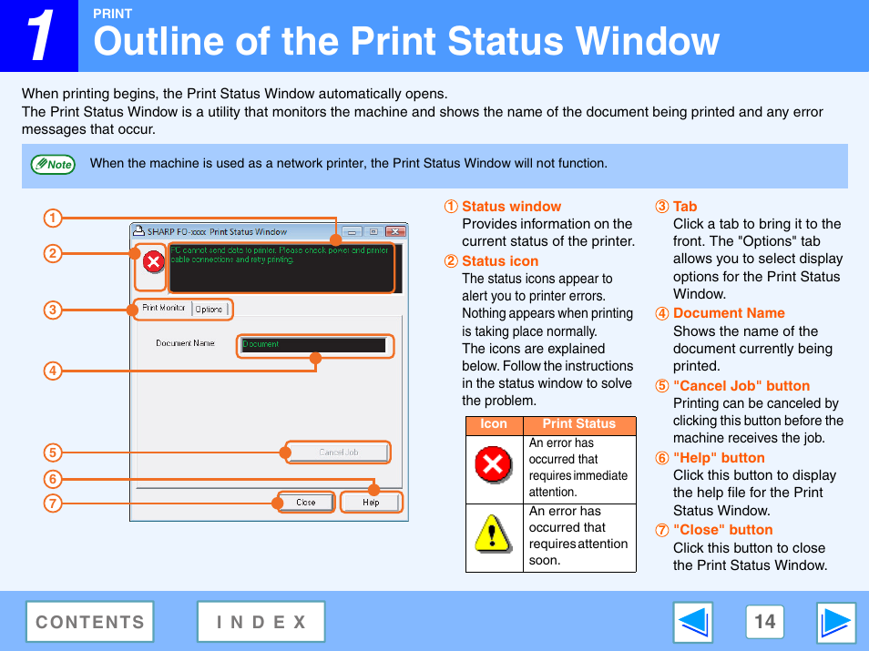 Outline of the print status window | Sony FO-2080 User Manual | Page 14 / 41