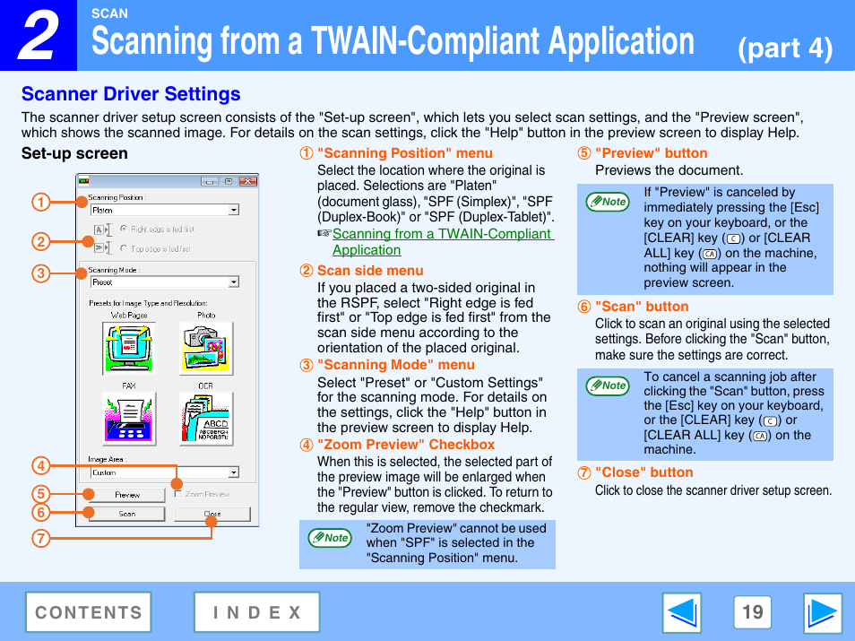 Scanner driver settings, Set-up screen, Scanning from a twain-compliant application | Part 4) | Sony FO-2080 User Manual | Page 19 / 41