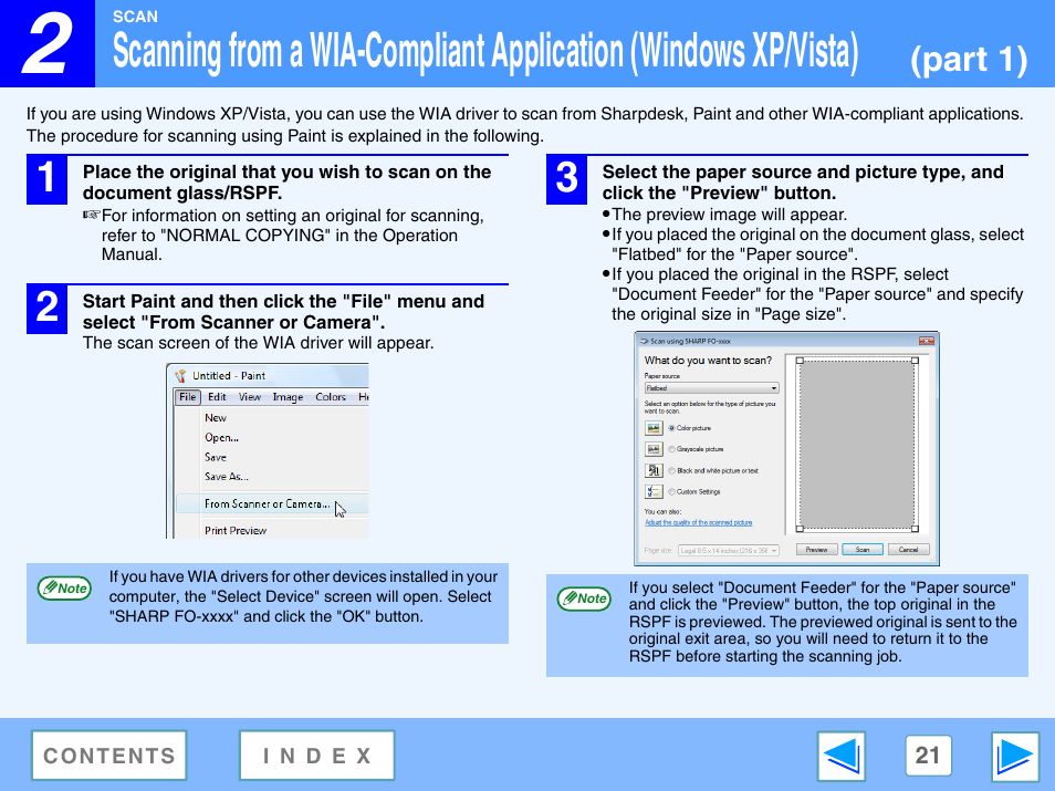 Scanning from a wia-compliant application, Windows xp/vista), Part 1) | Sony FO-2080 User Manual | Page 21 / 41