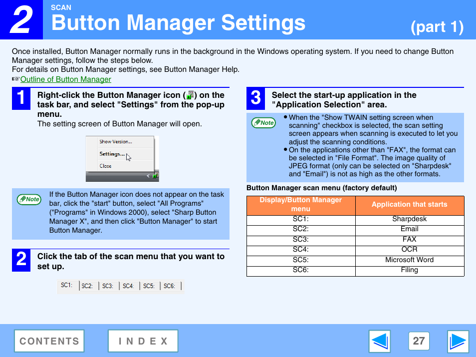 Button manager settings, Button manager scan menu (factory default), Part 1) | Sony FO-2080 User Manual | Page 27 / 41