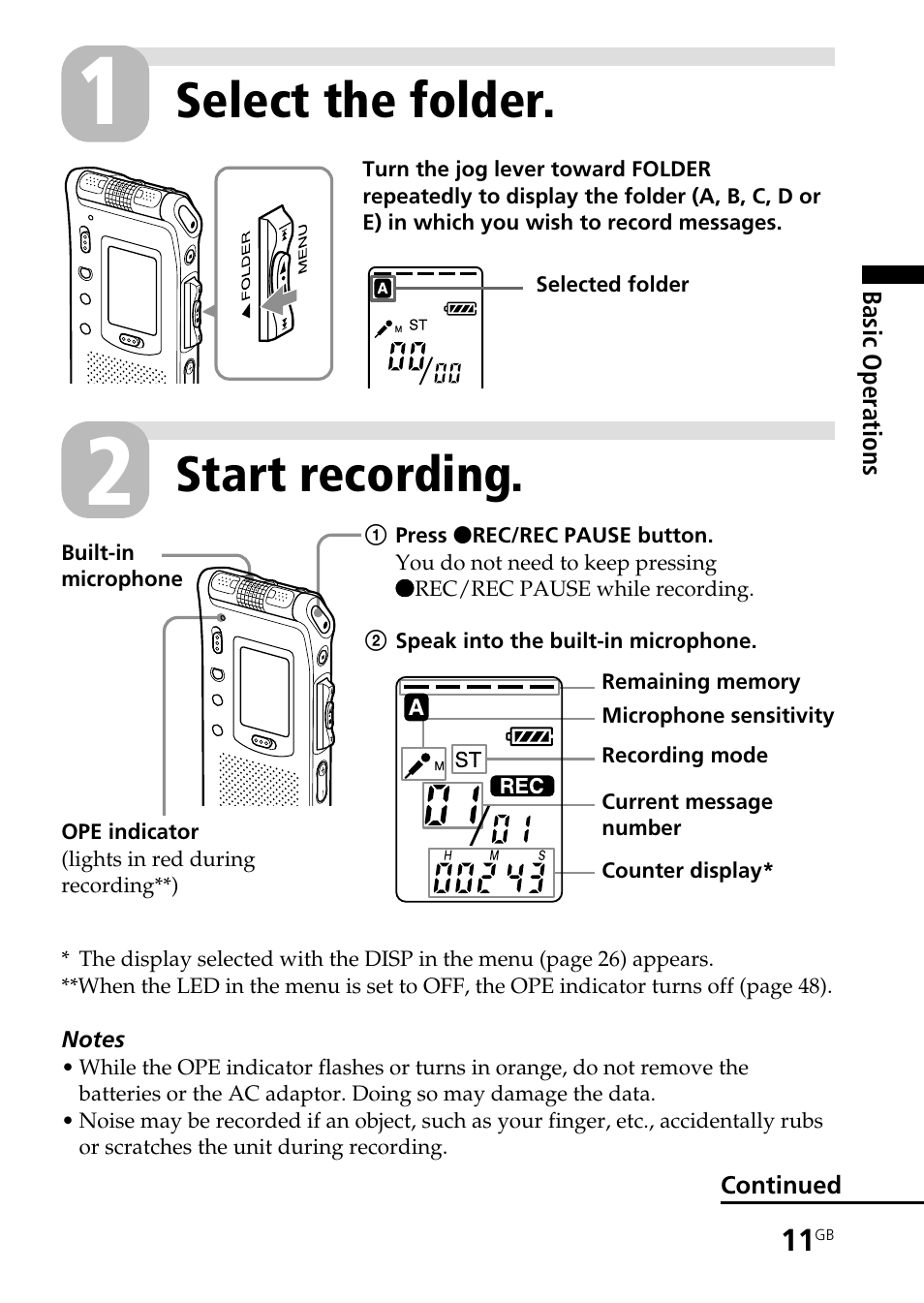 Select the folder, Start recording | Sony ICD-ST20 User Manual | Page 11 / 68