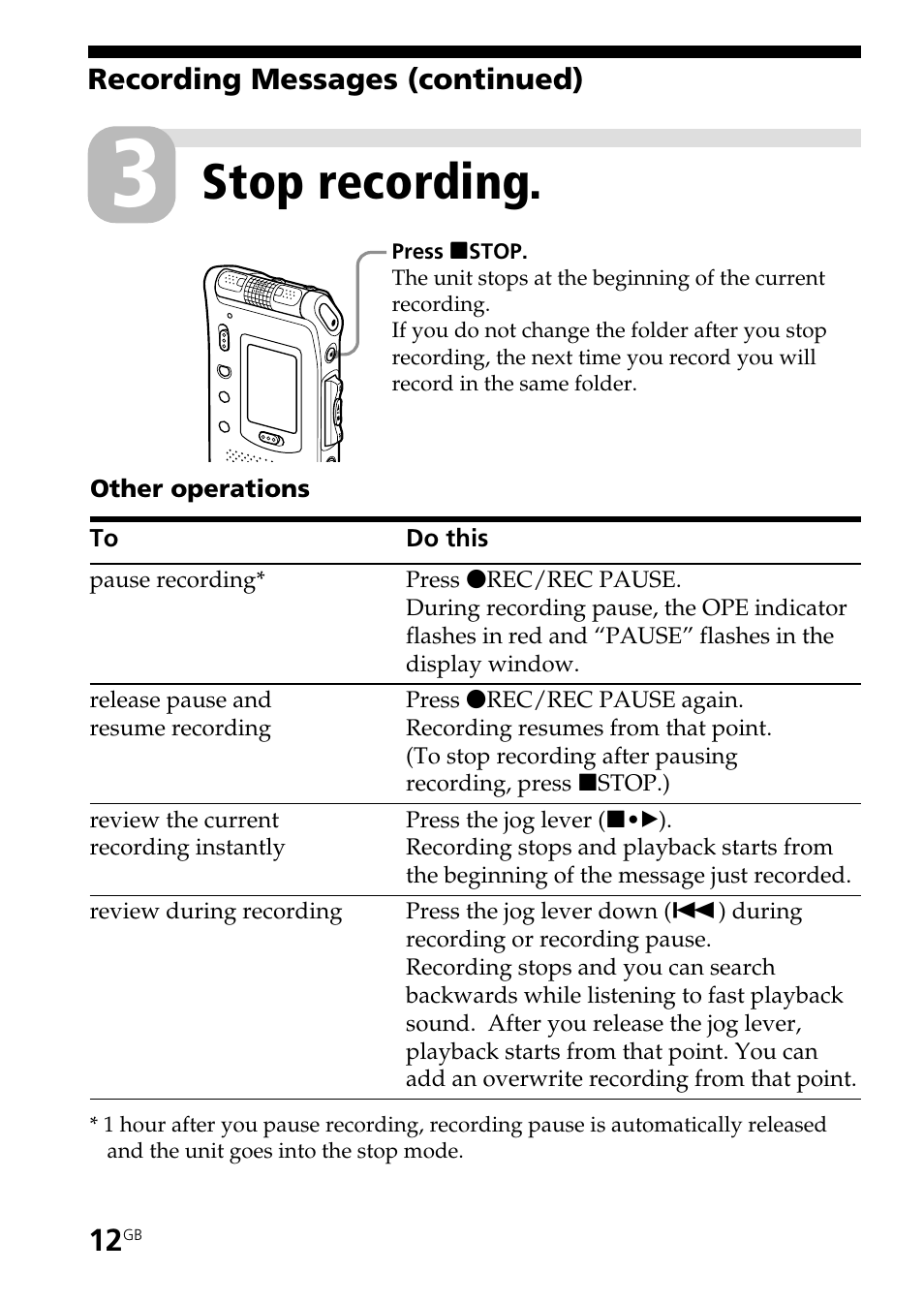 Stop recording | Sony ICD-ST20 User Manual | Page 12 / 68