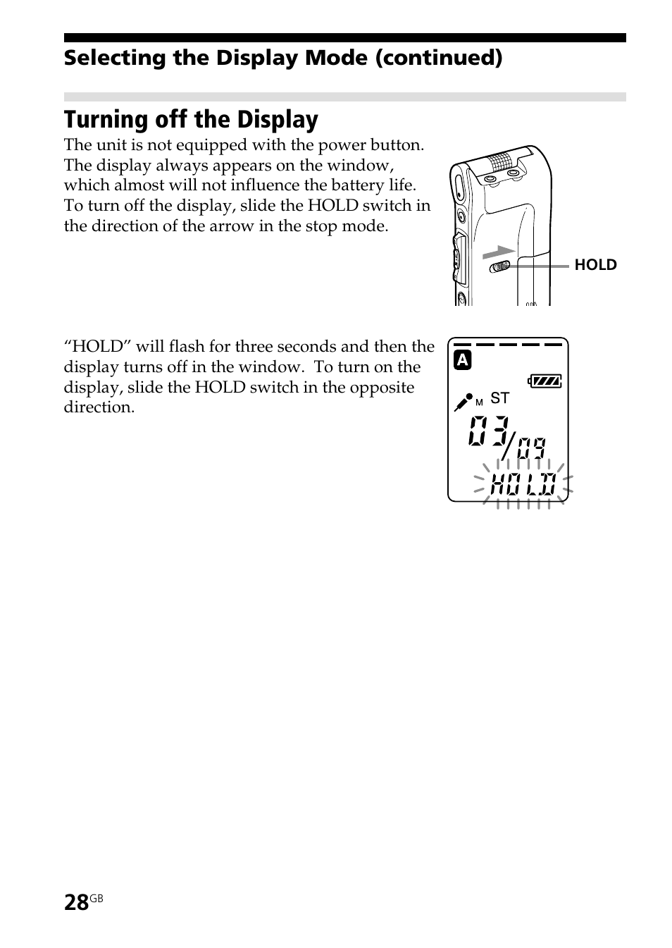 Turning off the display, Selecting the display mode (continued) | Sony ICD-ST20 User Manual | Page 28 / 68