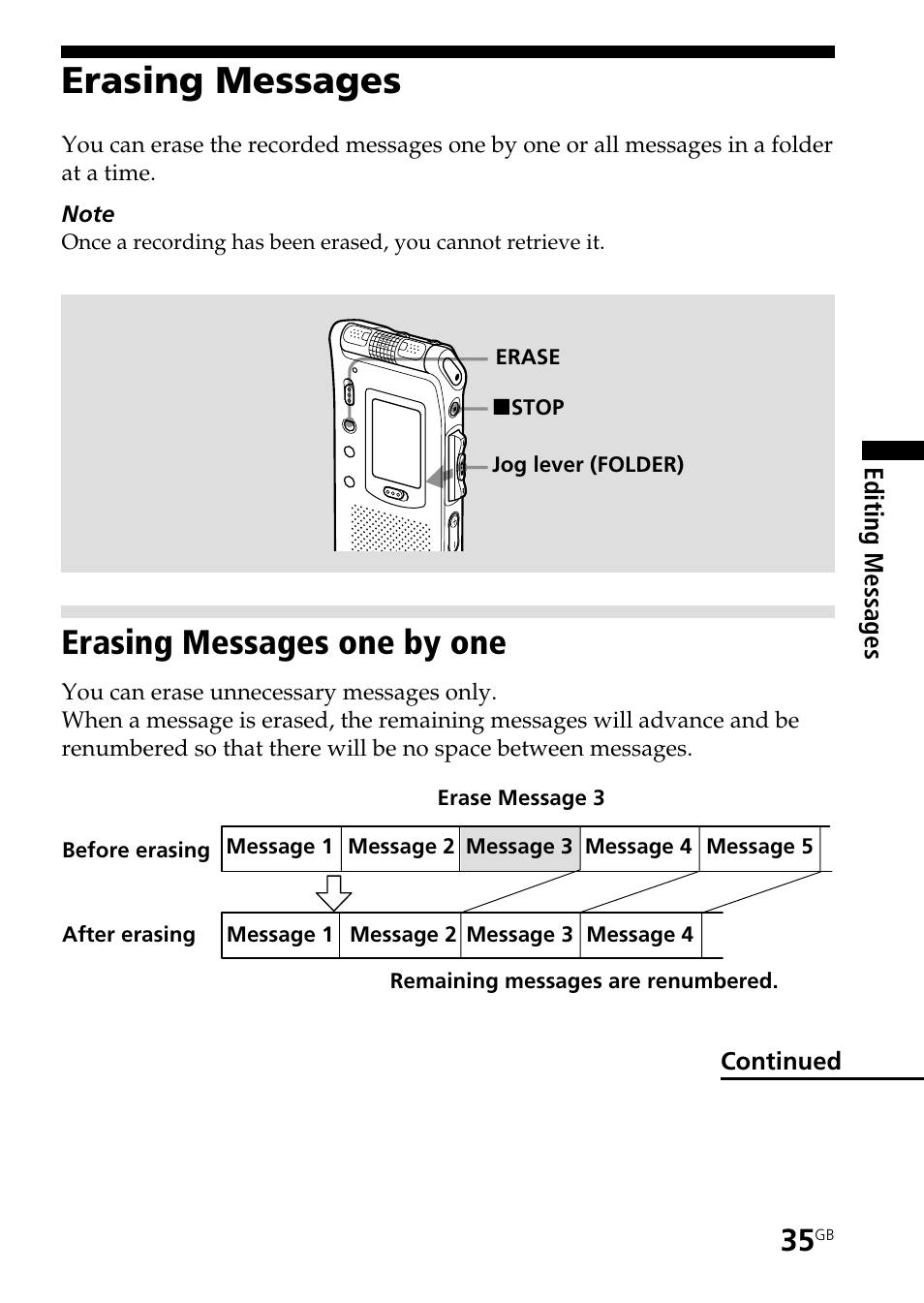 Erasing messages, Erasing messages one by one | Sony ICD-ST20 User Manual | Page 35 / 68
