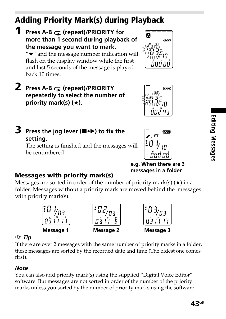 Adding priority mark(s) during playback | Sony ICD-ST20 User Manual | Page 43 / 68