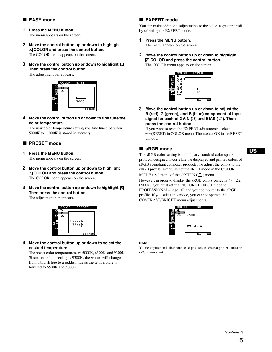 X easy mode, X preset mode, X expert mode | X srgb mode | Sony CPD-G420S User Manual | Page 15 / 64