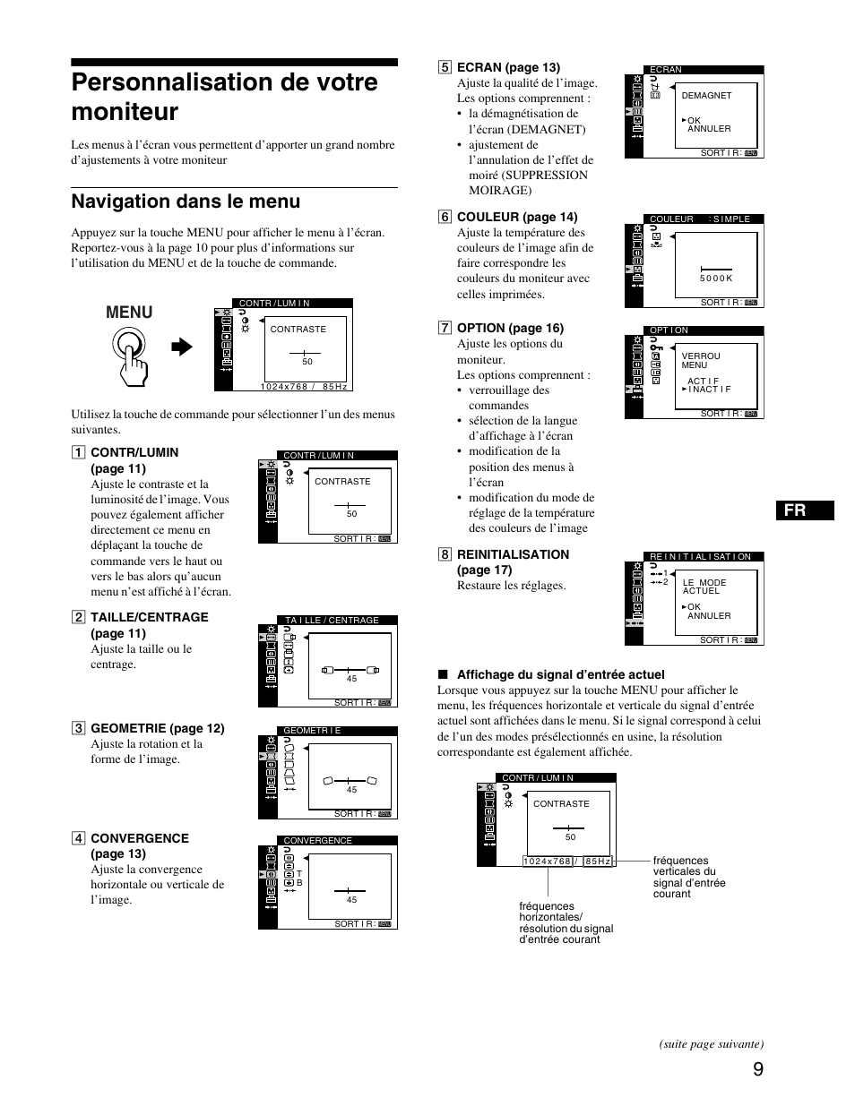Personnalisation de votre moniteur, Navigation dans le menu, Personalización del monitor | Menu | Sony CPD-G420S User Manual | Page 29 / 64