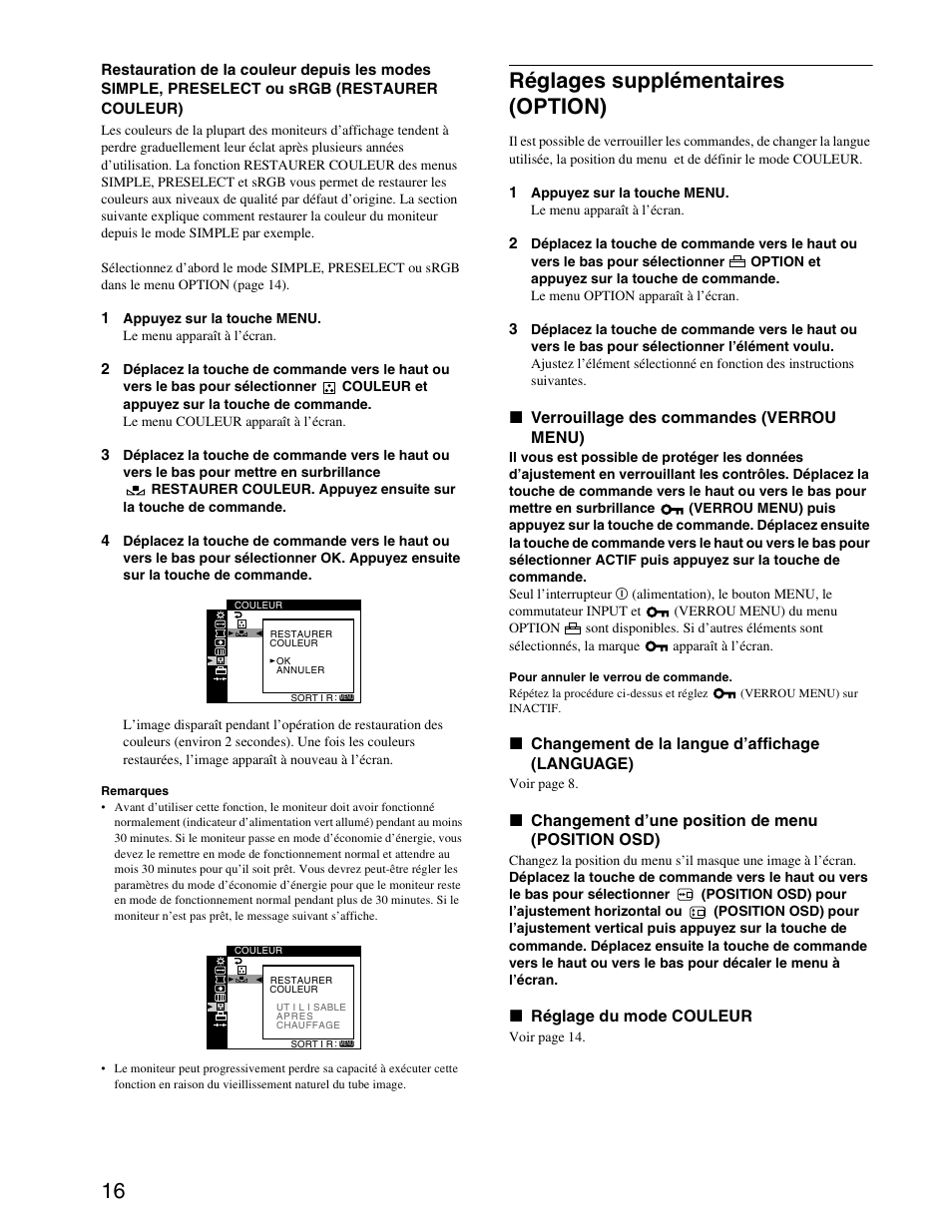 Réglages supplémentaires (option), Ajustes adicionales (opcion) | Sony CPD-G420S User Manual | Page 36 / 64