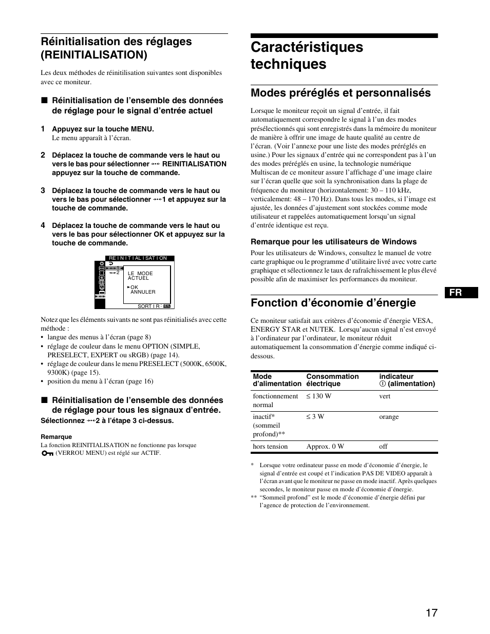 Réinitialisation des réglages (reinitialisation), Caractéristiques techniques, Modes préréglés et personnalisés | Fonction d’économie d’énergie, Restauración de los ajustes (restaurar), Características técnicas | Sony CPD-G420S User Manual | Page 37 / 64