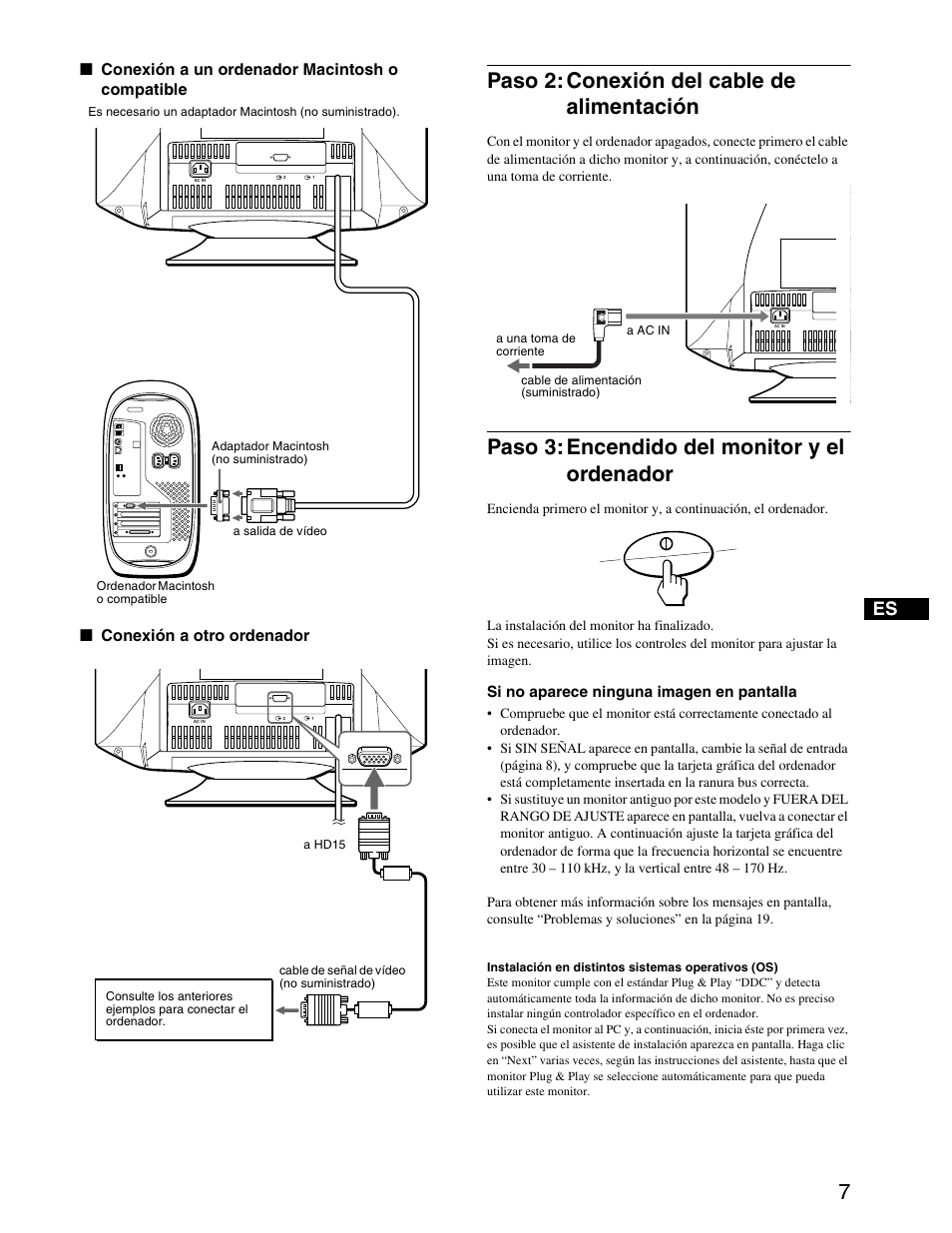 Paso 2: conexión del cable de alimentación, Paso 3: encendido del monitor y el ordenador, Paso 2: con | Paso 3: en | Sony CPD-G420S User Manual | Page 47 / 64