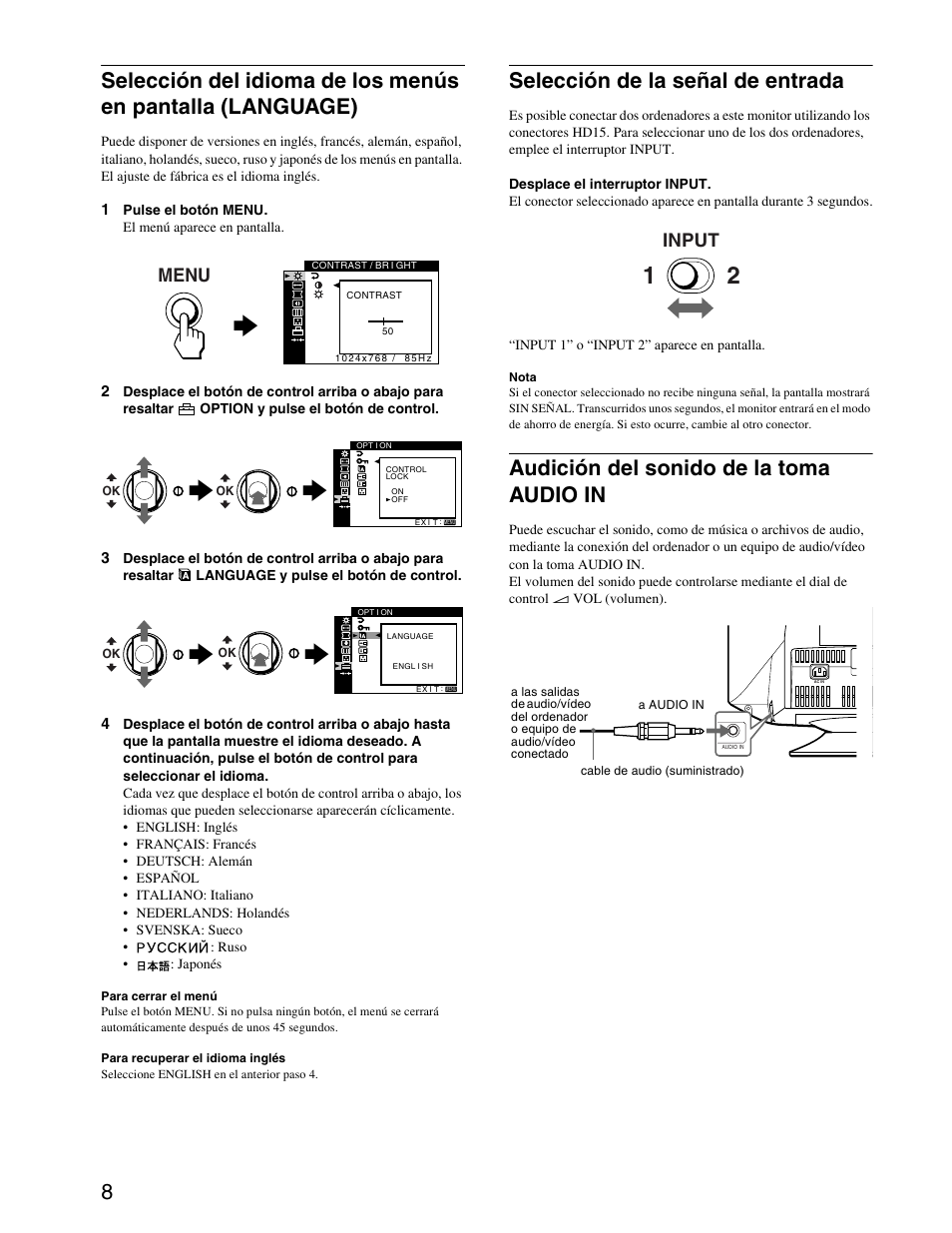 Audición del sonido de la toma audio in, Selección de la señal de entrada, Menu | Input | Sony CPD-G420S User Manual | Page 48 / 64