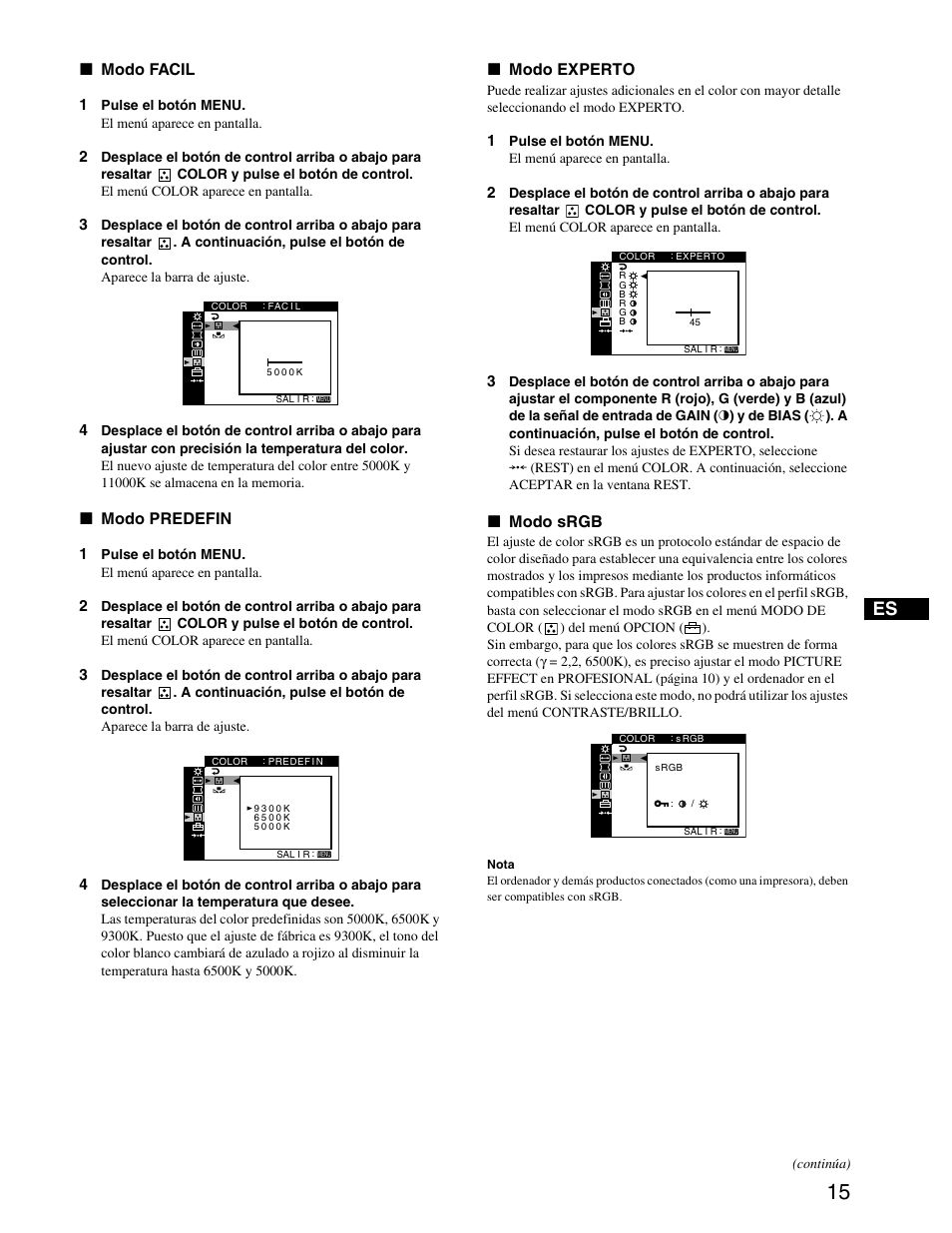 X modo facil, X modo predefin, X modo experto | X modo srgb | Sony CPD-G420S User Manual | Page 55 / 64
