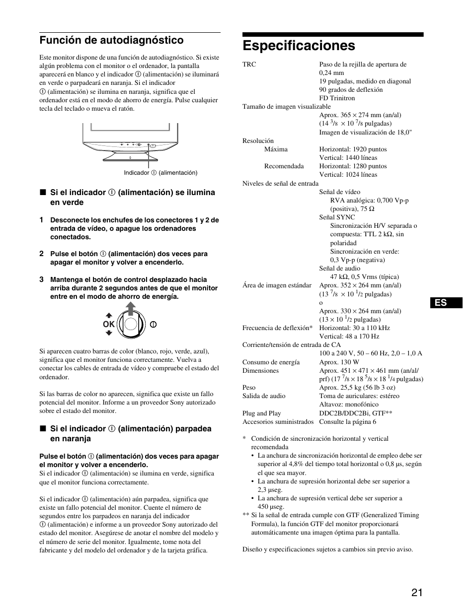 Función de autodiagnóstico, Especificaciones | Sony CPD-G420S User Manual | Page 61 / 64