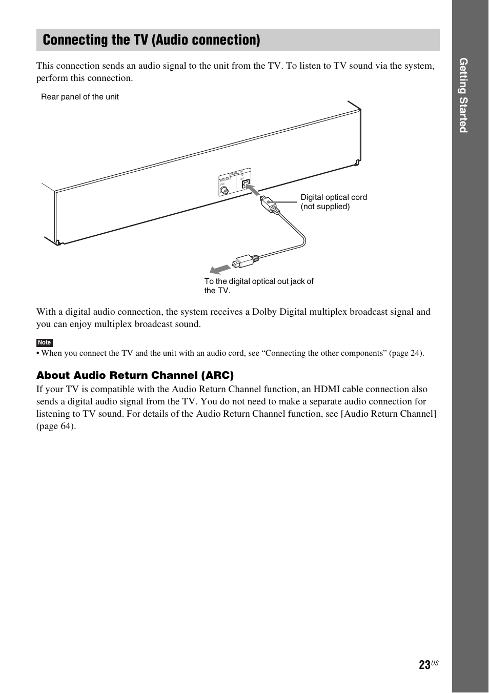 Connecting the tv (audio connection), E 23), Ge tting star te d | About audio return channel (arc) | Sony BDV-IZ1000W User Manual | Page 23 / 88