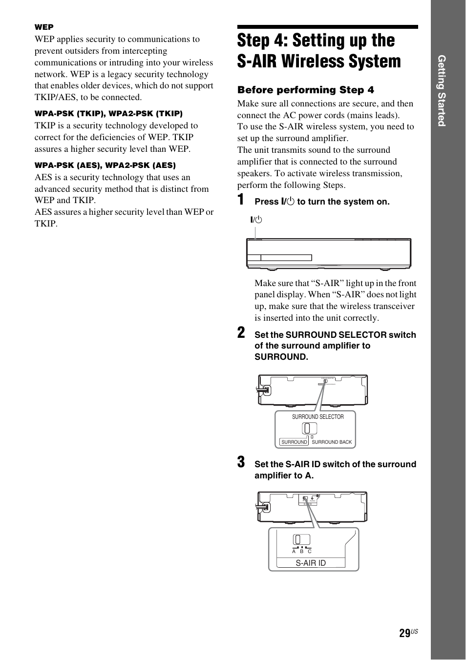 Step 4: setting up the s-air wireless system, Step 4: setting up the, S-air wireless system | Es 29, Ge tting star te d, Before performing step 4 | Sony BDV-IZ1000W User Manual | Page 29 / 88