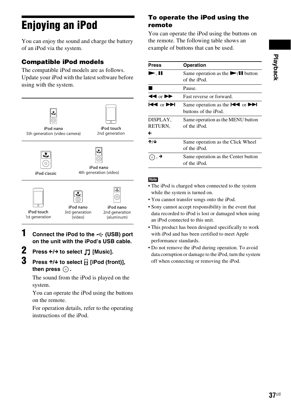 Enjoying an ipod | Sony BDV-IZ1000W User Manual | Page 37 / 88