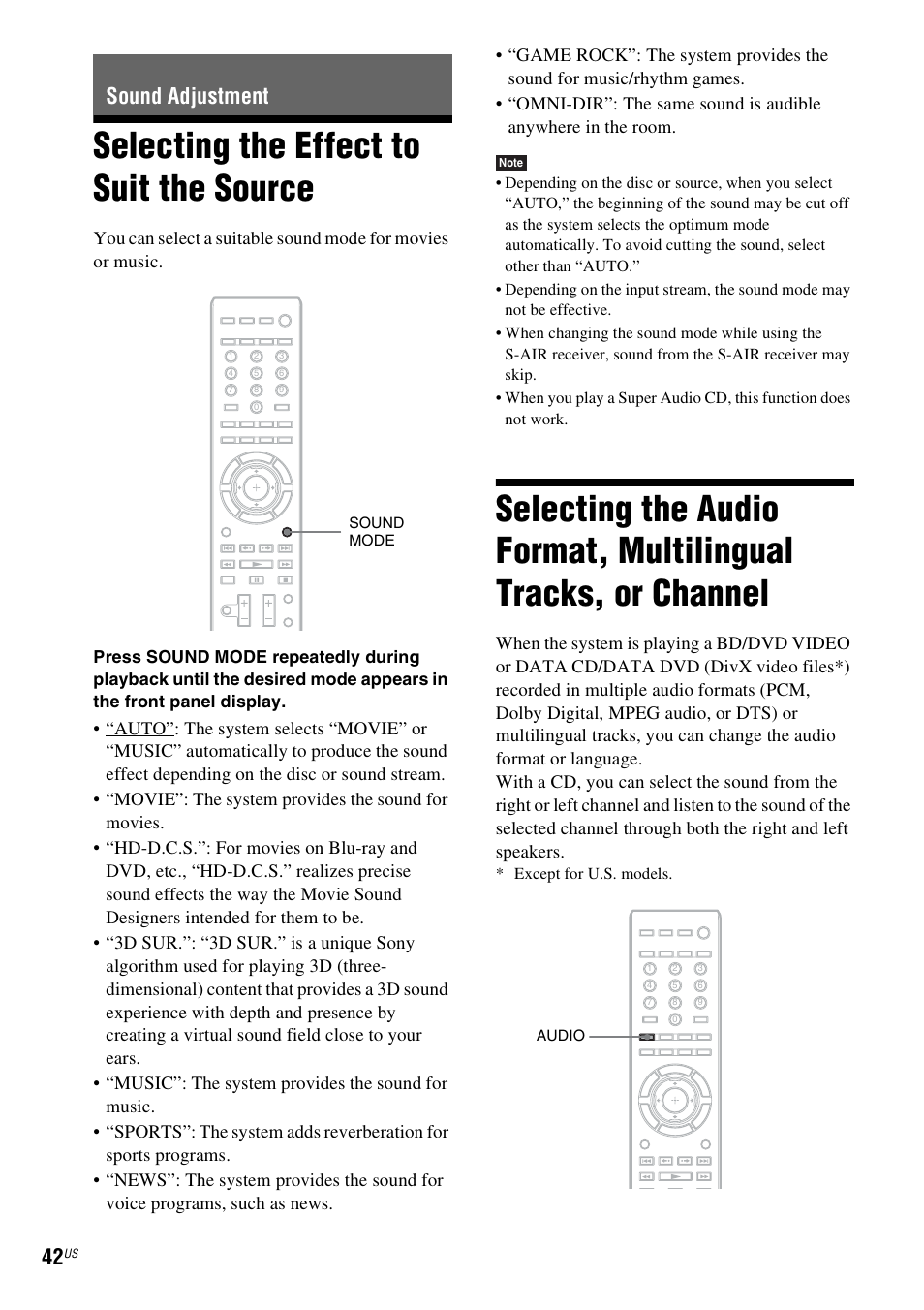 Sound adjustment, Selecting the effect to suit the source, Selecting the effect to suit | The source, Selecting the audio format, multilingual, Tracks, or channel, Es 42 | Sony BDV-IZ1000W User Manual | Page 42 / 88