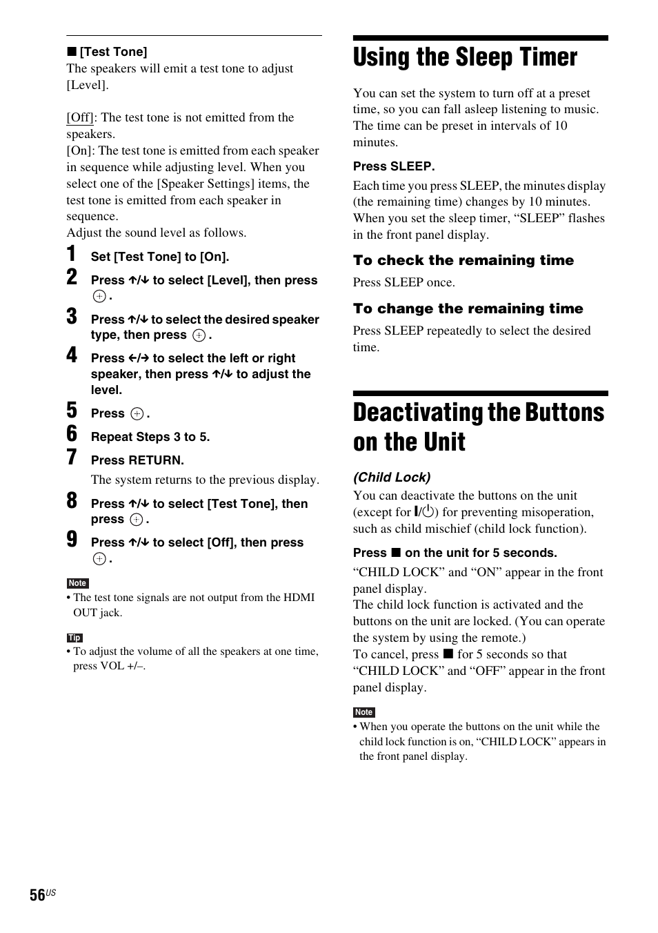 Using the sleep timer, Deactivating the buttons on the unit, Deactivating the buttons on | The unit, E 56, E 56) | Sony BDV-IZ1000W User Manual | Page 56 / 88