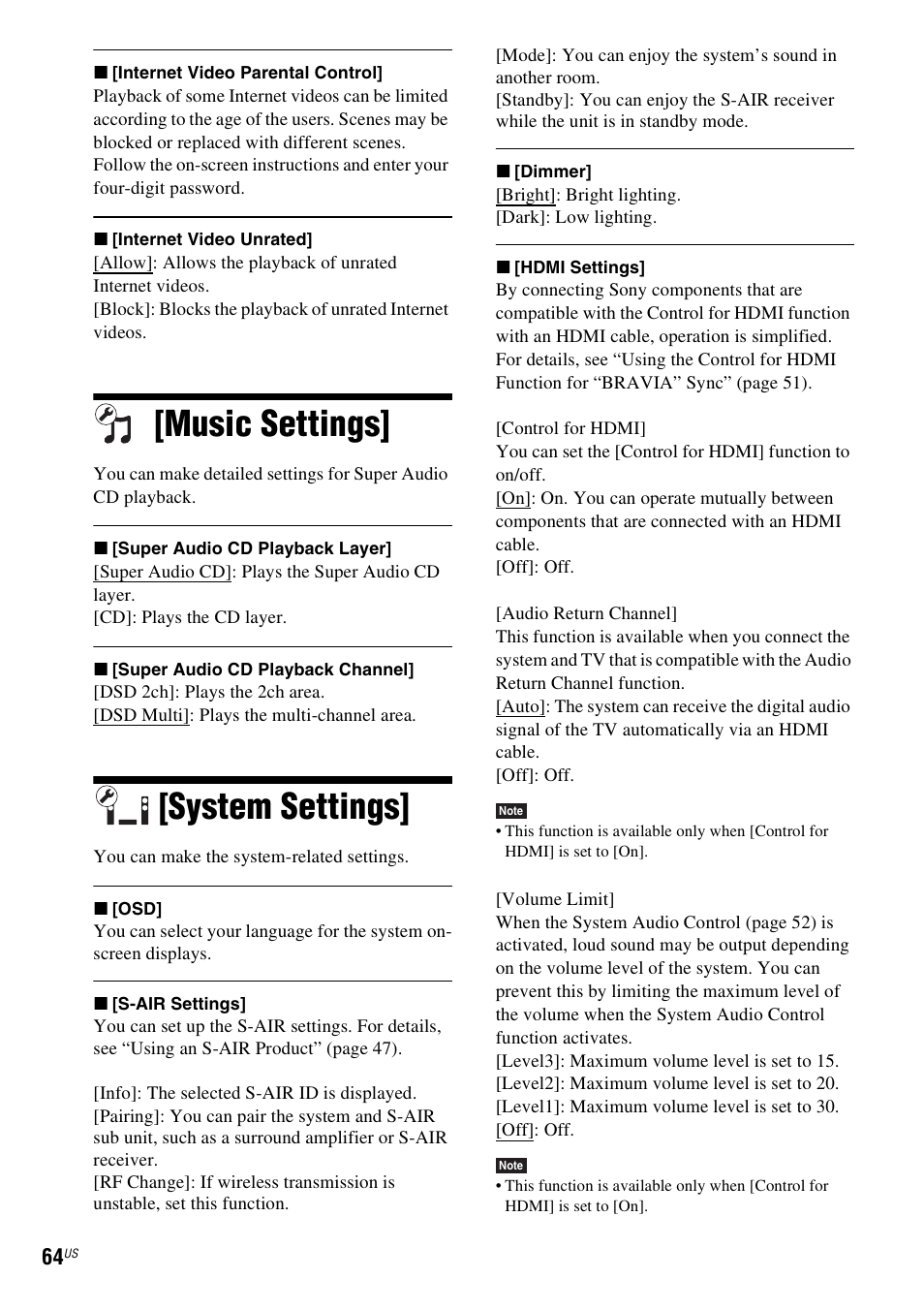 Music settings, System settings, Music settings] [system settings | Sony BDV-IZ1000W User Manual | Page 64 / 88