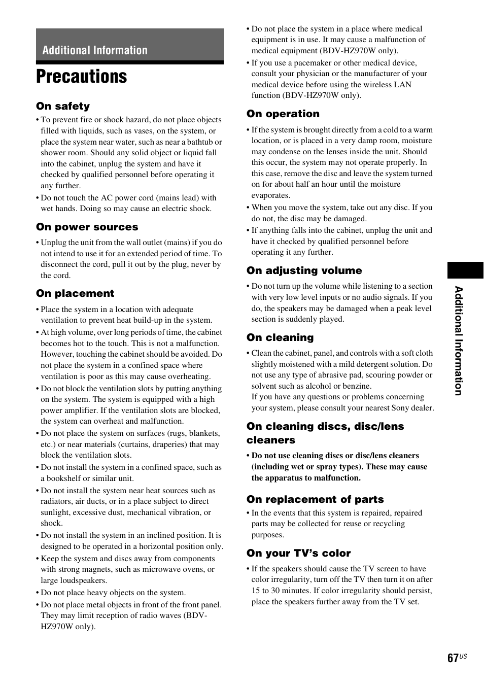 Additional information, Precautions | Sony BDV-IZ1000W User Manual | Page 67 / 88