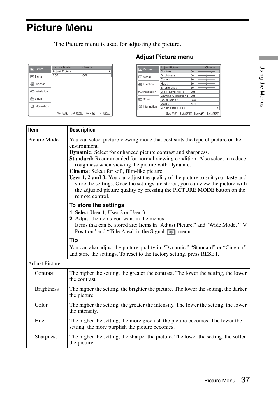 Picture menu, The picture menu is used for adjusting the picture, Adjust picture menu | Sony Cineza VPL-HS51A User Manual | Page 37 / 68