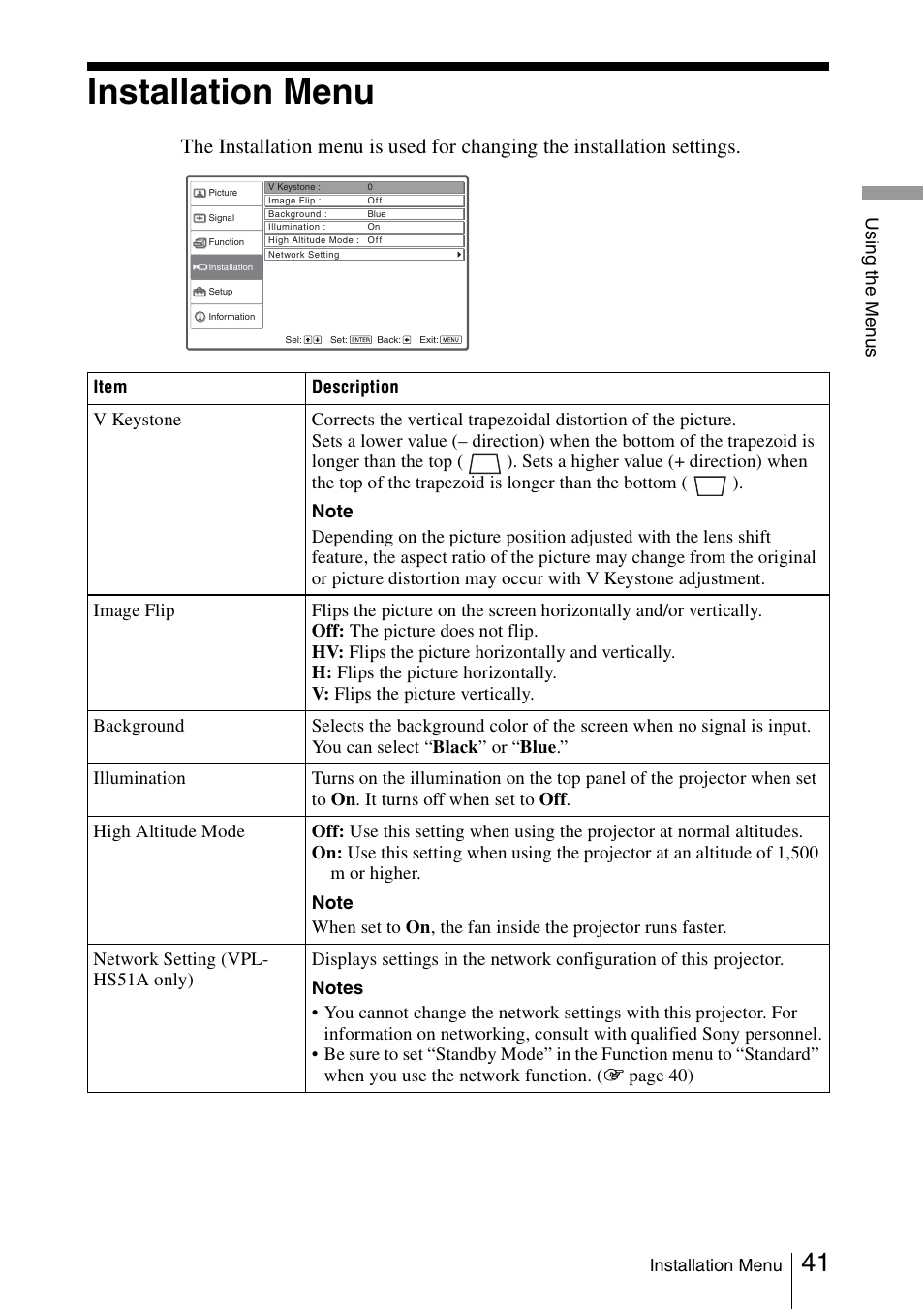 Installation menu | Sony Cineza VPL-HS51A User Manual | Page 41 / 68