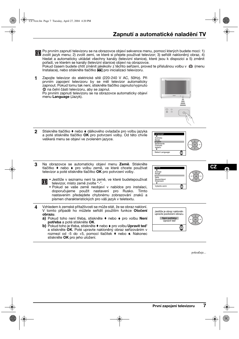 Zapnutí a automatické naladění tv | Sony KV-29CS60K User Manual | Page 47 / 124