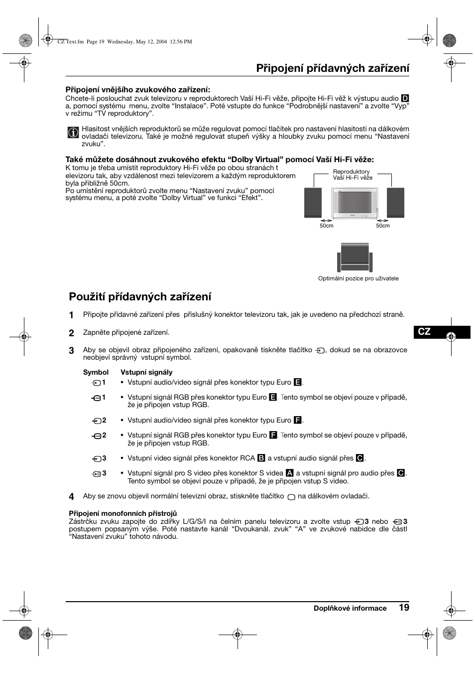 Připojení přídavných zařízení, Použití přídavných zařízení | Sony KV-29CS60K User Manual | Page 59 / 124