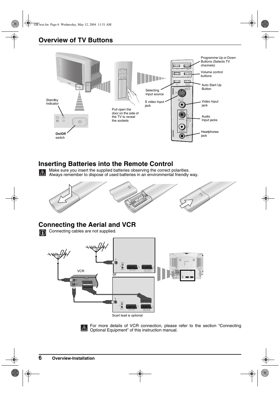 Overview of tv buttons, Inserting batteries into the remote control, Connecting the aerial and vcr | Sony KV-29CS60K User Manual | Page 6 / 124