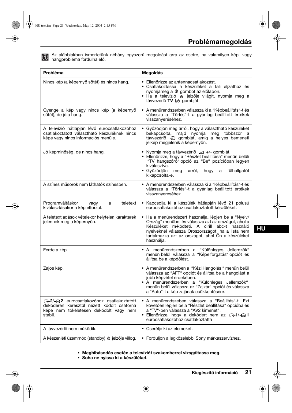 Problémamegoldás | Sony KV-29CS60K User Manual | Page 81 / 124