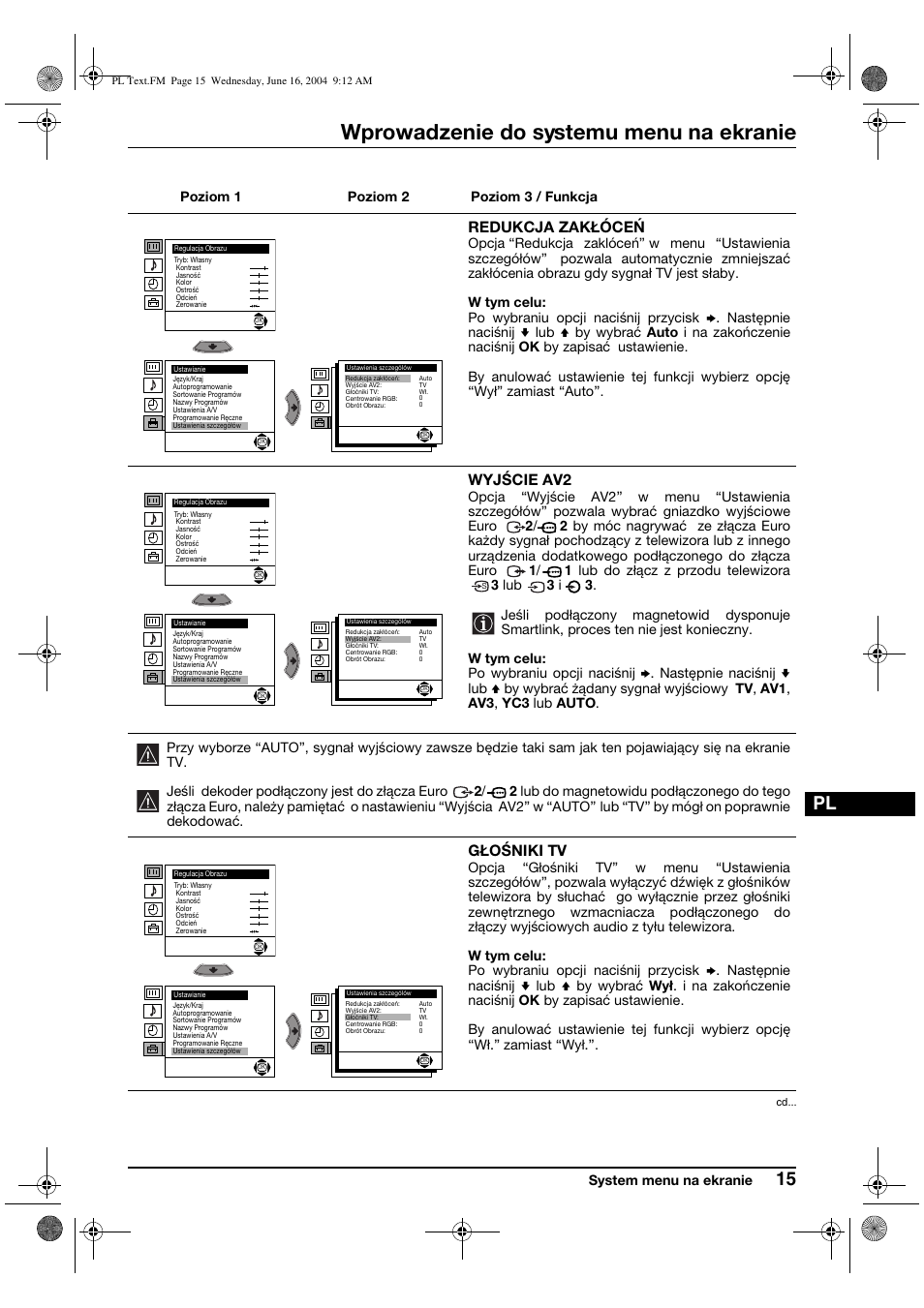 Wprowadzenie do systemu menu na ekranie, Redukcja zakłóceń, Wyjście av2 | Głośniki tv | Sony KV-29CS60K User Manual | Page 95 / 124