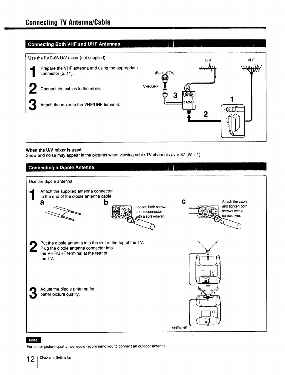 Connecting both vhf and uhf antennas, Connecting a dipole antenna | Sony Cable Box User Manual | Page 12 / 48