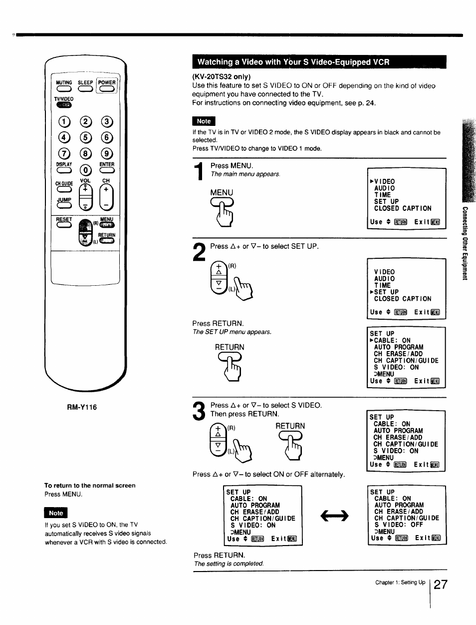 Watching a video with ybur s video-equipped vcr, Menu, Watching a video with your s video-equipped vcr | Sony Cable Box User Manual | Page 27 / 48
