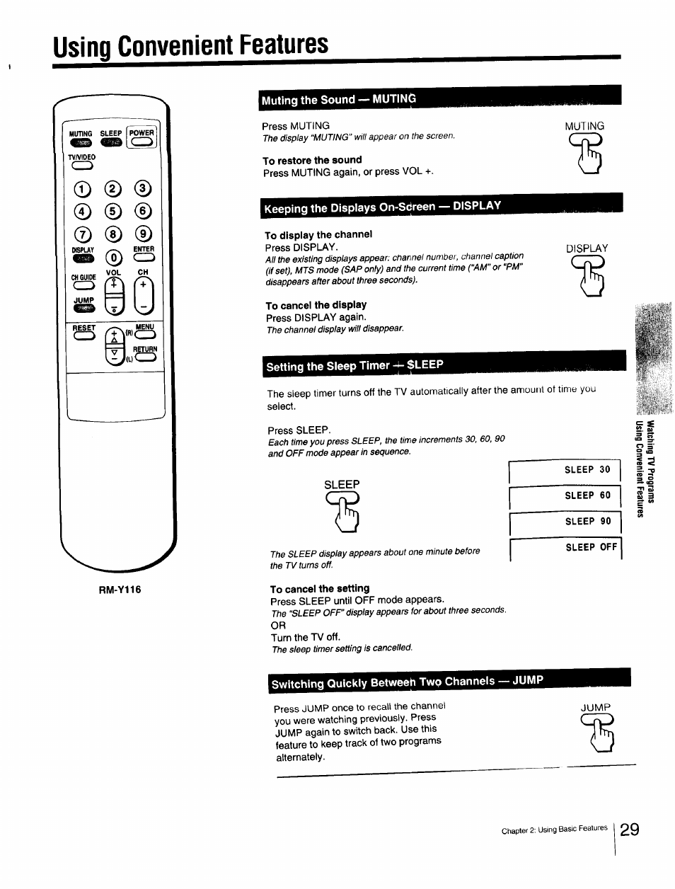 Using convenient features, Muting the sound — muting, To restore the sound | Keeping the displays on-sdreen — display, To display the channel, To cancel the display, Setting the sleep timer -i- sleep, Sleep, To cancel the setting, Sleep 30 | Sony Cable Box User Manual | Page 29 / 48