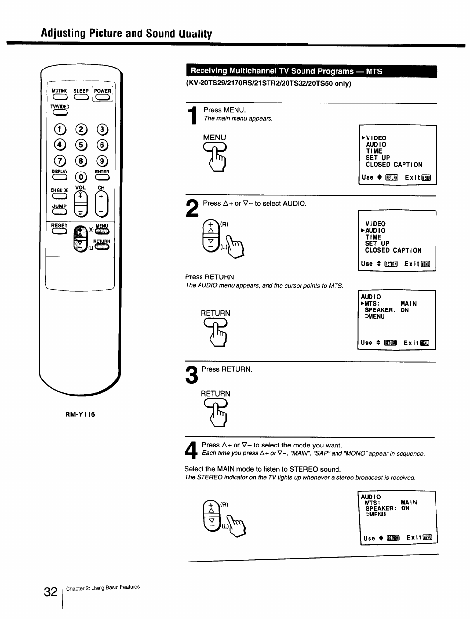 Receiving multichannel tv sound programs — mts, Menu, Adjusting picture and sound quality | Sony Cable Box User Manual | Page 32 / 48