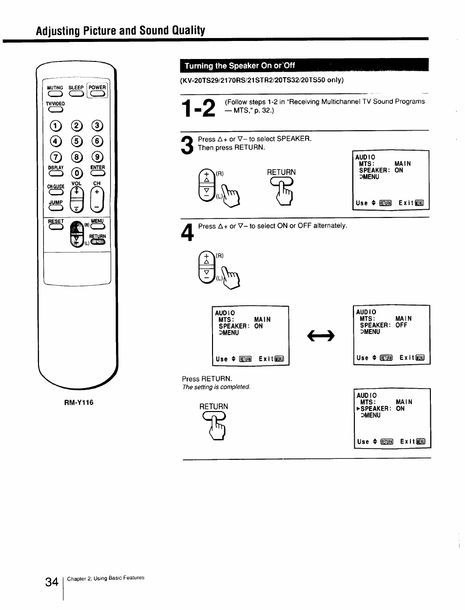 Turning the speaker on or'off, Turning the speaker on or off, Adjusting picture and sound quality | Sony Cable Box User Manual | Page 34 / 48