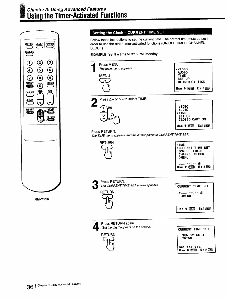 Setting the clock - current time set, Using the timer-activated functions | Sony Cable Box User Manual | Page 36 / 48