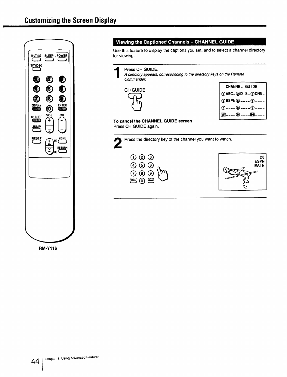 Viewing the captioned channels - channel guide, To cancel the channel guide screen, Customizing the screen display | Sony Cable Box User Manual | Page 44 / 48