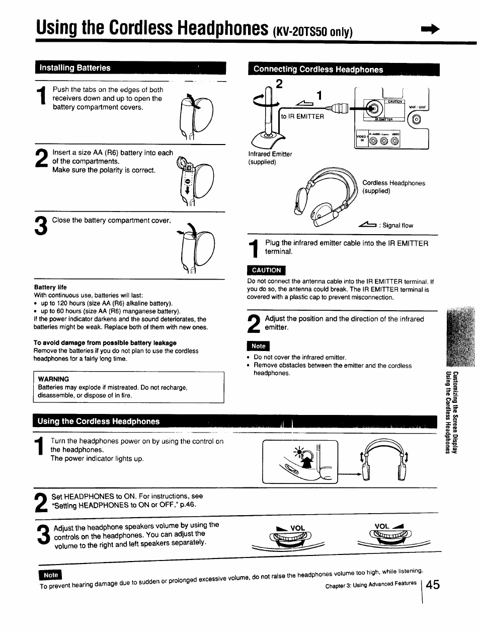 Using the cordless headphones (kv-2ots5o omy), Connecting cordless headphones, Using the cordless headphones | Connecting headphones, Omy) | Sony Cable Box User Manual | Page 45 / 48