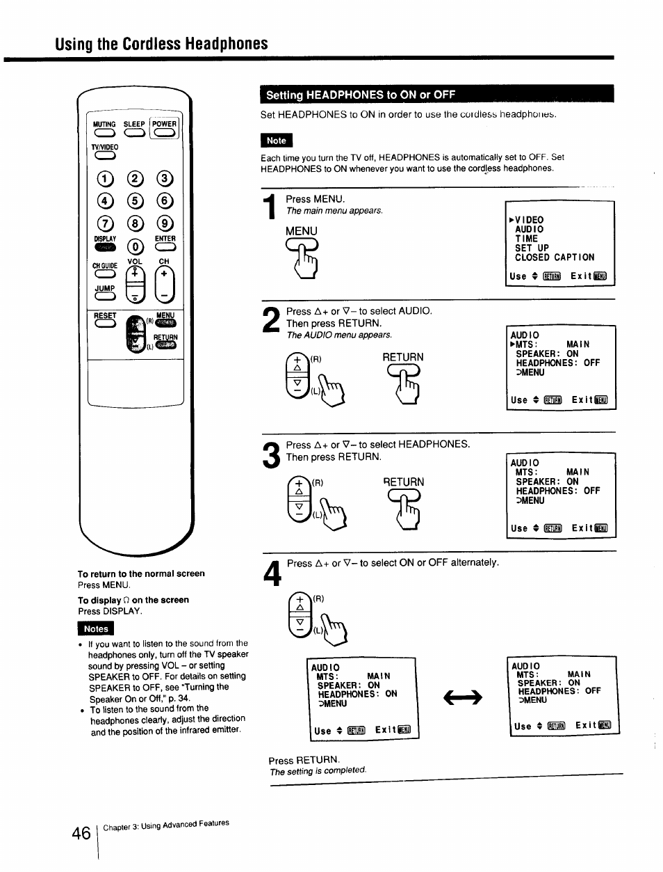 Setting headphones to on or off, Menu, Using the cordless headphones | Sony Cable Box User Manual | Page 46 / 48